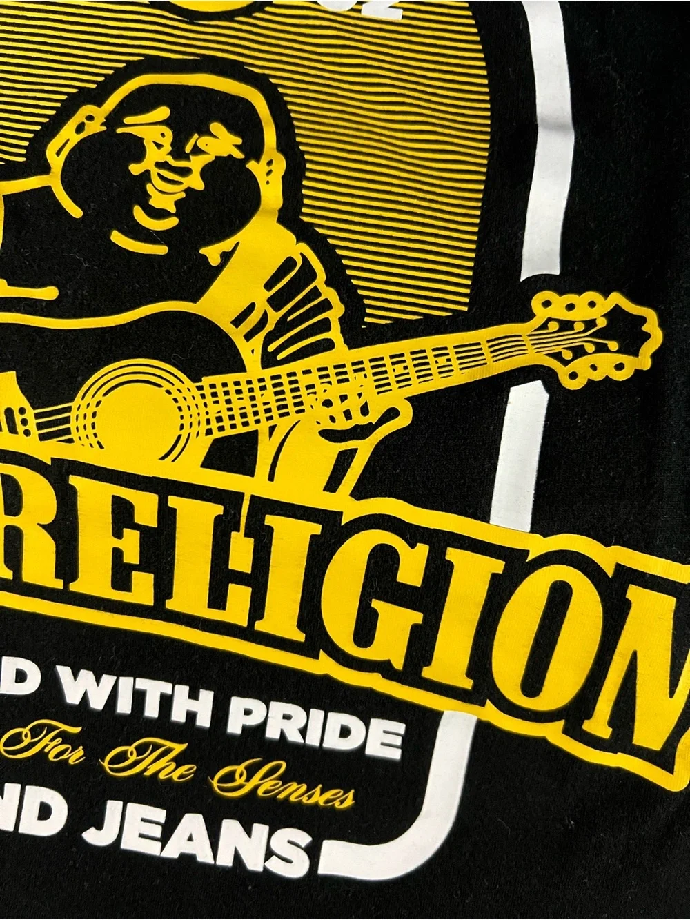 True Religion Black Tee with Yellow Logo Arch Graphic